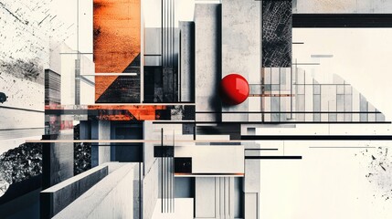 Abstract Architectural Composition with Geometric Forms and Red Sphere.