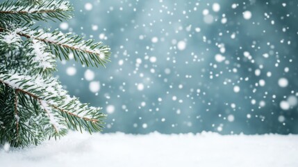 Obraz premium Evergreen tree branches with fresh snow on a cold winter day. Falling snowflakes provide seasonal background for copy space