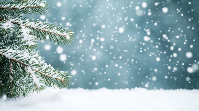 Evergreen tree branches with fresh snow on a cold winter day. Falling snowflakes provide seasonal background for copy space