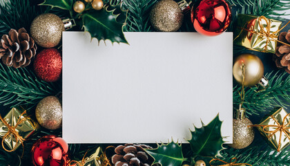 Blank white card surrounded by christmas decorations and pine branches for festive season greetings