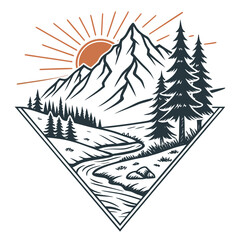 A captivating emblem showcasing a majestic mountain range, verdant forest, and a winding river under a radiant sun, all framed within a crisp, clean triangle shape © Meraj