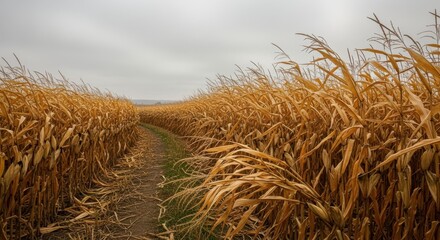 A path through a golden cornfield under a cloudy sky in autumn