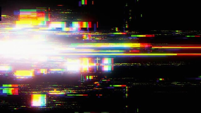 Digital glitch pixel abstract background displays colorful visual distortion and static noise effect texture on a dark screen.