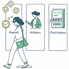 A woman is using an atm to deposit, withdraw, and check her balance, showcasing modern banking and financial services isolated on