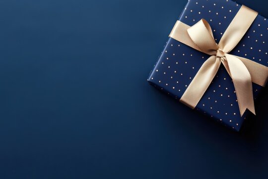 Gift box in blue and gold polka dot wrapping paper with a golden ribbon, offering copy space on a dark blue background