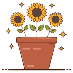 Obraz premium Cartoon Sunflowers in Pot with Stars Around Cute Potted Plants with Green Leaves