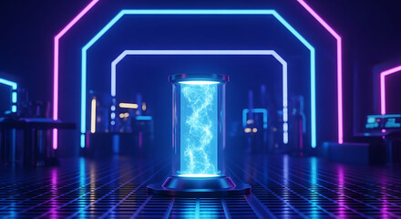 Futuristic laboratory with glowing energy capsule and neon lights	