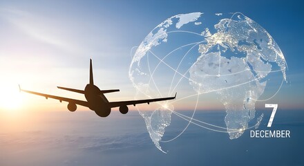 Global Travel on December 7th - Airplane Silhouette and World Map.