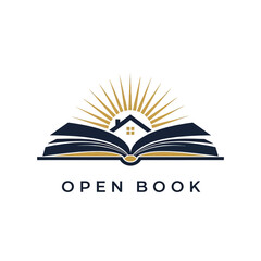 Open book logo with a house and sunburst design icon.
