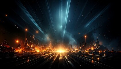 A futuristic cityscape glows with intense light. Buildings are silhouetted against a brilliant sky. Beams emanate