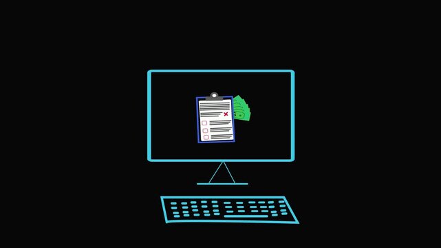 Stylized Illustration of a Computer Monitor and Keyboard with Green Dollar Bills on Screen animated. Computer monitor and keyboard illustration with animated green bills, ideal for banking