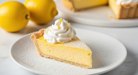 Slice of Lemon Pie with Whipped Cream on a White Plate