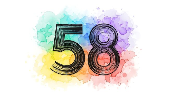 Artistic number 58 on a vibrant rainbow watercolor splash. Decorative typography element with colorful paint splatter isolated on white