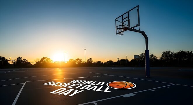 World Basketball Day on an outdoor court at sunset.