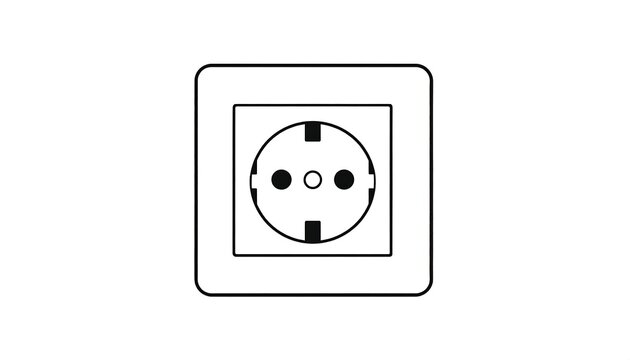 A black and white illustration of a standard electrical outlet set in a square frame, centered against a white background