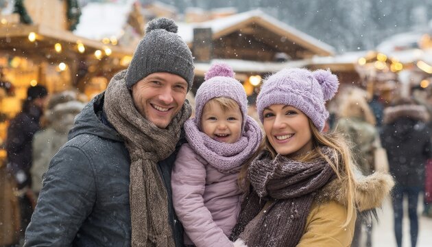 Cheerful family wearing knit hats enjoys a snowy outdoor market scene