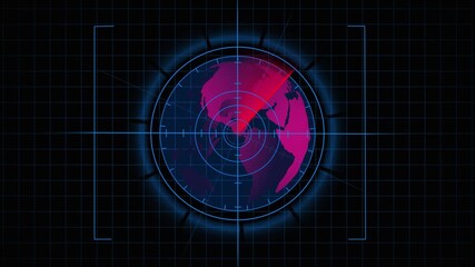 Earth Globe on Radar Screen with Red Sweep Line and Target Acquisition Frame on Grid animated Background. Digital radar interface showing Earth globe with red sweep line crossing target acquisition - Powered by Adobe