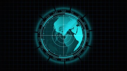 Digital radar screen featuring Earth globe with targeting crosshairs and animated azimuth scale interface. Futuristic Digital Radar Screen Displaying Earth Globe with Targeting Crosshairs