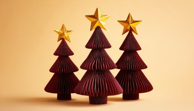 Three dimensional folded paper holiday decorations stand against a warm beige background - Powered by Adobe