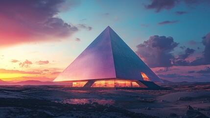 Futuristic Pyramid Structure Amidst a Vibrant Sunset Landscape.