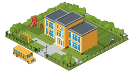 A vibrant isometric illustration of a school building with a classic yellow school bus, a playground, and surrounding green park area. b © PDWN Creative