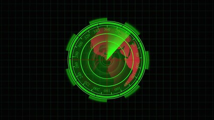 Earth globe on animated radar display with moving green scan line and targeting reticle over red globe. Digital Radar Display with Earth Globe, Targeting Reticle, and Sweeping Green Scan Line - Powered by Adobe