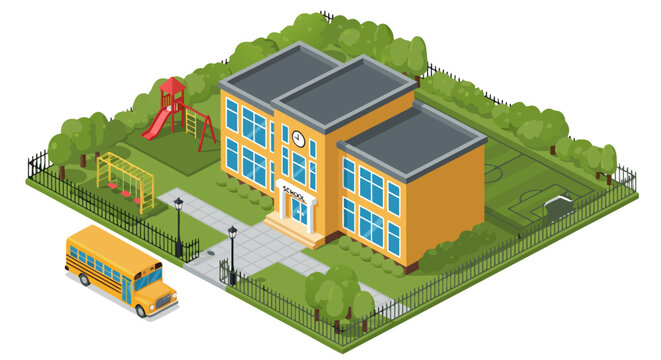 A vibrant isometric illustration of a school building with a classic yellow school bus, a playground, and surrounding green park area. b