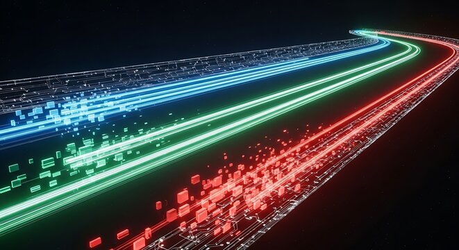 Streams of glowing red, green, and blue digital data race along a futuristic path on a dark background.