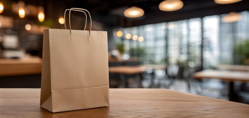 Brown paper shopping bag standing on a wooden table in a cafe with blurred background