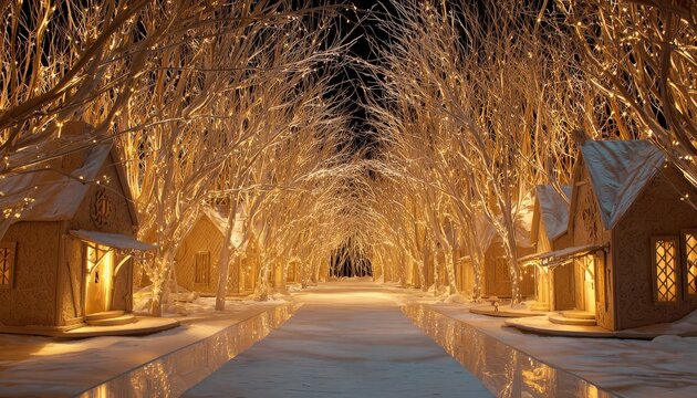Whimsical winter pathway lined with illuminated bare trees and quaint houses disappears into the darkness - Powered by Adobe