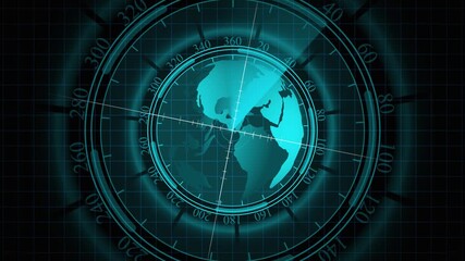 Cyan Globe on a Digital Radar Display with Compass Bearings and Grid Lines screen earth animated. Digital radar interface with cyan globe, rotating compass bearings, and animated grid lines on Earth. - Powered by Adobe
