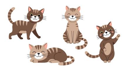 A charming collection of four cute cartoon tabby cats in various happy poses, including walking, sitting, lying down, and waving.