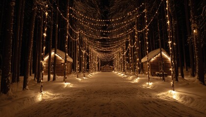 Enchanted snow covered forest path illuminated by strings of warm yellow lights