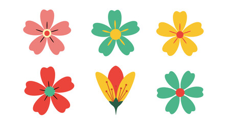 A vibrant collection of six stylized floral illustrations in various bright colors, perfect for decorative design elements.