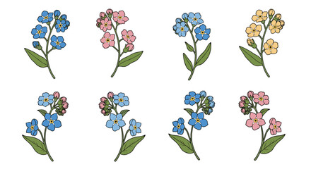 Eight hand-drawn forget-me-not flower illustrations in blue, pink, and yellow hues, ideal for spring and delicate nature-themed designs.