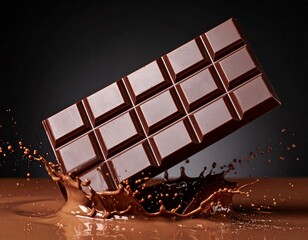 Rich, square bar of dark chocolate hovering over a delicious splash