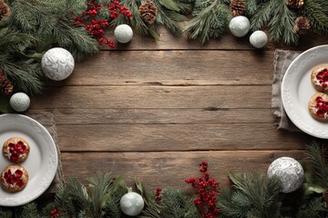 Rustic holiday scene features festive greenery, ornaments, and baked treats framing a wooden surface