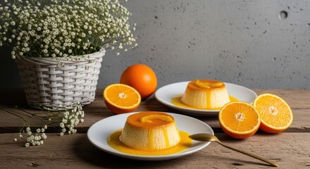 Delicious orange flan desserts on white plates with fresh fruit