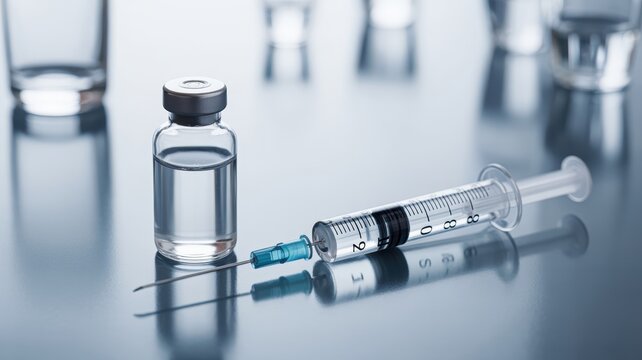 Clear vial and syringe with needle on a reflective surface in a medical setting for vaccination use