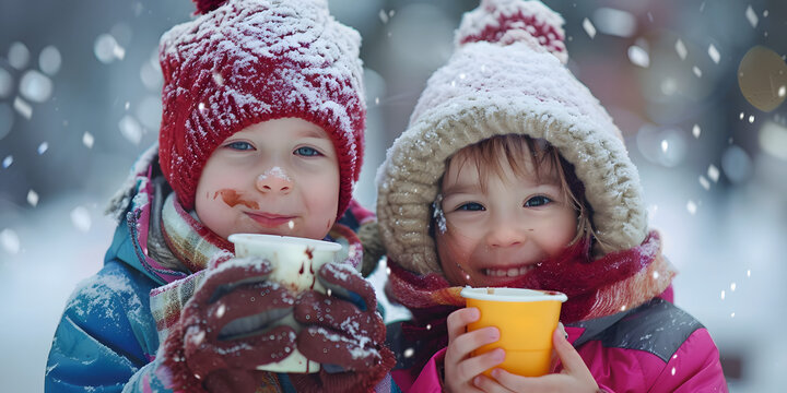 Two happy children enjoy hot beverages in falling snow.