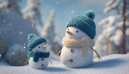 Two charming snow figures wearing knitted winter hats and scarves stand in a snowy outdoor setting