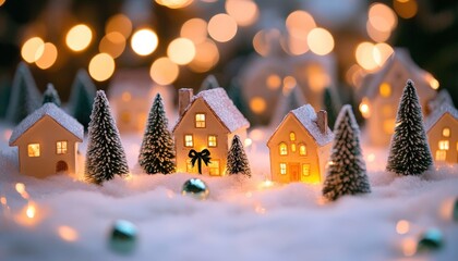 Miniature village scene features illuminated ceramic houses nestled among snowy bottle brush trees with soft bokeh lights in the background