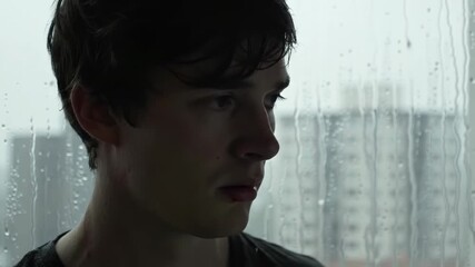 Young man looks out window on rainy day, somber expression, dark hair, water droplets on glass, muted colors