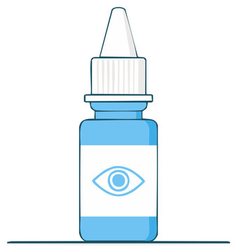 Illustration of a blue eye drop bottle with an eye symbol on its label