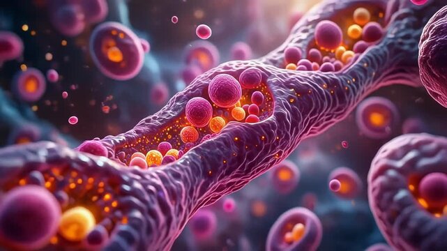 A microscopic visualization of vibrant cellular energy, showing active particles flowing through a biological system