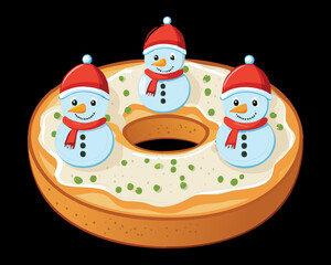 Christmas Donut with Green Icing, Hole Filled with Cream, and Three Cute Snowman Decorations - Vector Illustration