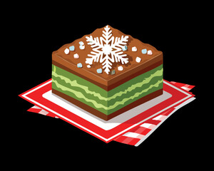 Layered Green and Brown Christmas Dessert Square with White Snowflake Icing and Red Base - Vector Illustration
