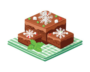 Stack of Chocolate Brownie Squares with White Snowflake Icing and Fresh Mint Garnish - Vector Illustration