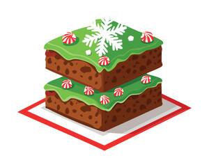 Stack of Green Iced Brownie Squares with Candy Cane Sprinkles and White Snowflake Decoration - Vector Illustration