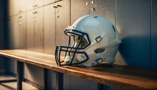 Football helmet rests on bench in locker room during practice session in late afternoon light